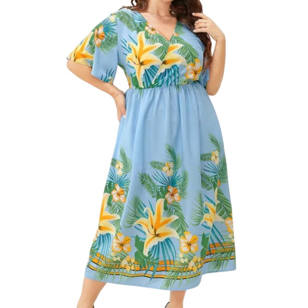 BLOOMCHIC Light Blue Tropical Floral Print Midi Dress Women's Plus Size 18-20